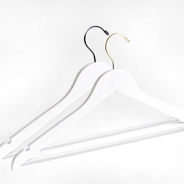 Royal Heirloom White Flat Wooden Suit Hangers (Silver or Gold Hook) - Box of 25, 50, or 100