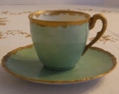 Vintage 1910 Tressemann and Vogt (T V) Limoges France Demitasse Cup and Saucer, Hand Painted Blue Green, Gold Trim, Unique Find, Collectible