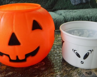 Happy Halloween ! Set of a Retro Plastic Jack O' Lantern and a Ghost McDonald's Happy Meal Pails, Great Halloween Decoration, Candy Holders