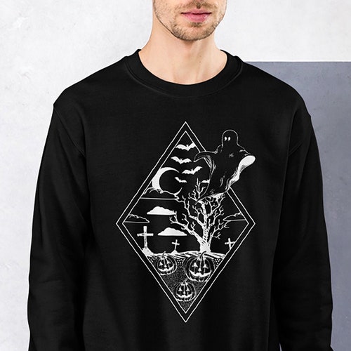 Halloween Shirt | Unisex Heavy Blend Crewneck Sweatshirt / Hoodie | Pagan | Jack-o-Lantern | Ghost | Cemetery Cross | Crescent Moon | Bats