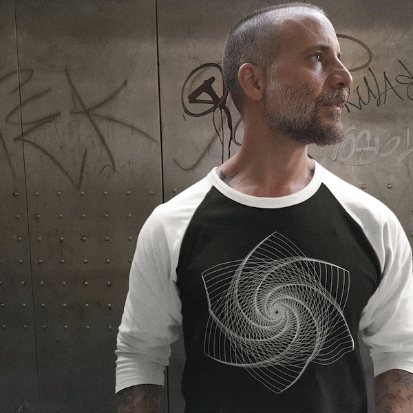 Rose Spiral | Geometric T-Shirt | 3/4 Raglan Shirt | Tank Top | Sacred Geometry | Graphic Drawing | Black & White Artwork | Birthday Gift