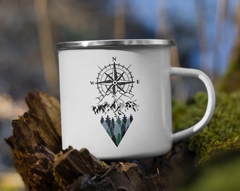 Adventure Awaits | White Enamel Mug | Camper Mug | Nature Lover | Wanderlust | Mountain Camping | Hiking | Pine Forest | Christmas Gift