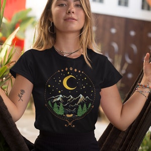 Starry Night Sky | Celestial T-Shirt | Tank Top | 3/4 Raglan Shirt | Forest | Mountain Camping | Hiking | Nature | Moon | Adventure | Stars