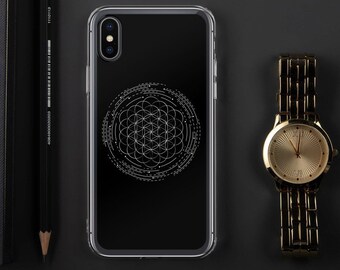 | de la Fleur de Vie | de téléphone à géométrie sacrée iPhone 7|8| X|XS| XR|SE|11|12 Pro Max | Samsung Galaxy S10| | S20 Mandala | Étui transparent personnalisé