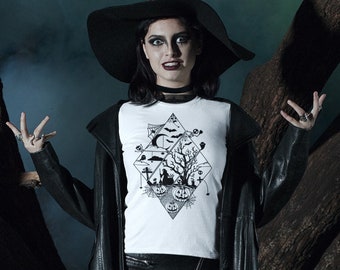 Halloween T-Shirt | Tank Top | 3/4 Raglan Shirt | Pagan | Ghost | Jack-o-Lantern | Cemetery Cross | Moon | Bats | Gift