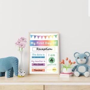 May include: A printable poster for a child's first day of school. The poster has a rainbow banner at the top and says "My First Day of Reception". It includes spaces to fill in the date, age, teacher's name, and what the child wants to be when they grow up. The poster also includes a space for the child's height in centimeters.