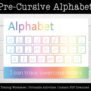 Puede incluir: Una hoja de trabajo imprimible para trazar las letras minúsculas del alfabeto. Las letras están en cuadros con líneas punteadas para ayudar con el trazado. La hoja de trabajo tiene un fondo degradado de arcoíris y el texto "Puedo trazar letras minúsculas".