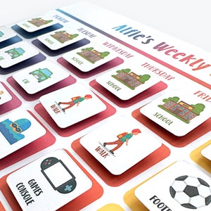 May include: A colourful weekly visual schedule for a child with images of a car, school, walking, games console, and a football. The days of the week are listed across the top: Monday, Tuesday, Wednesday, Thursday, Friday.