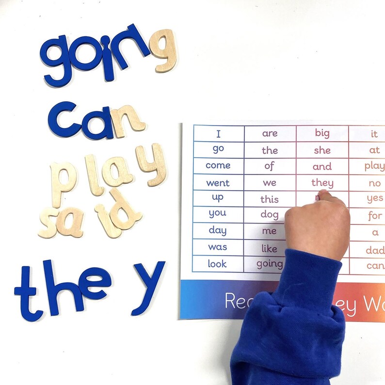 May include: A child's hand points to the word "dog" on a colorful chart with a list of sight words.  The chart has a gradient background of red, orange, yellow, green, blue, and purple.  Wooden letter tiles spell out the words "going", "can", "play", "said", and "the".