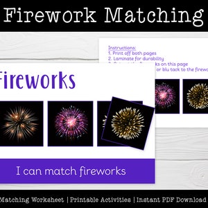Puede incluir: Una hoja de trabajo imprimible para hacer coincidir fuegos artificiales. La hoja de trabajo presenta tres imágenes diferentes de fuegos artificiales y tres imágenes correspondientes para hacer coincidir. Las instrucciones son imprimir ambas páginas, plastificar para mayor durabilidad y recortar los fuegos artificiales. El texto "Firework Matching" está en la parte superior de la página, y el texto "Fireworks" está en un cuadro morado en la parte superior de la hoja de trabajo. El texto "I can match fireworks" está en un cuadro morado en la parte inferior de la hoja de trabajo.