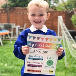 May include: A colorful sign that says "My First Day Of Reception". The date is September 9th, 2019. The child is 4 years old and their teacher is Mrs. Mancey. When they grow up, they want to be a motorbike rider. Their height is 105 cm.