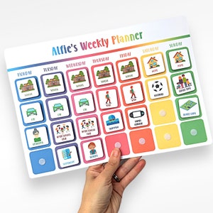 May include: A colourful weekly planner with a rainbow gradient background. The planner is divided into seven days of the week, with each day having a different colour. Each day has a grid of squares with icons representing activities, such as school, car, swimming, and games console. The planner is titled "Alfie's Weekly Planner".