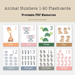 Number 1-20 Flashcards | Printable Counting Cards | Flash cards | Toddler Preschool Activity | Learning Resources | Counting with Animals