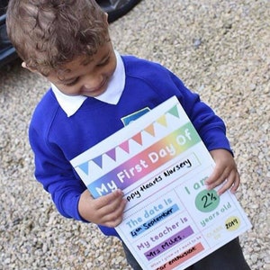May include: A child in a blue sweater holds a sign that says "My First Day Of Happy Hearts Nursery". The sign also includes the date, teacher's name, and the child's age, which is 2 and a half years old.