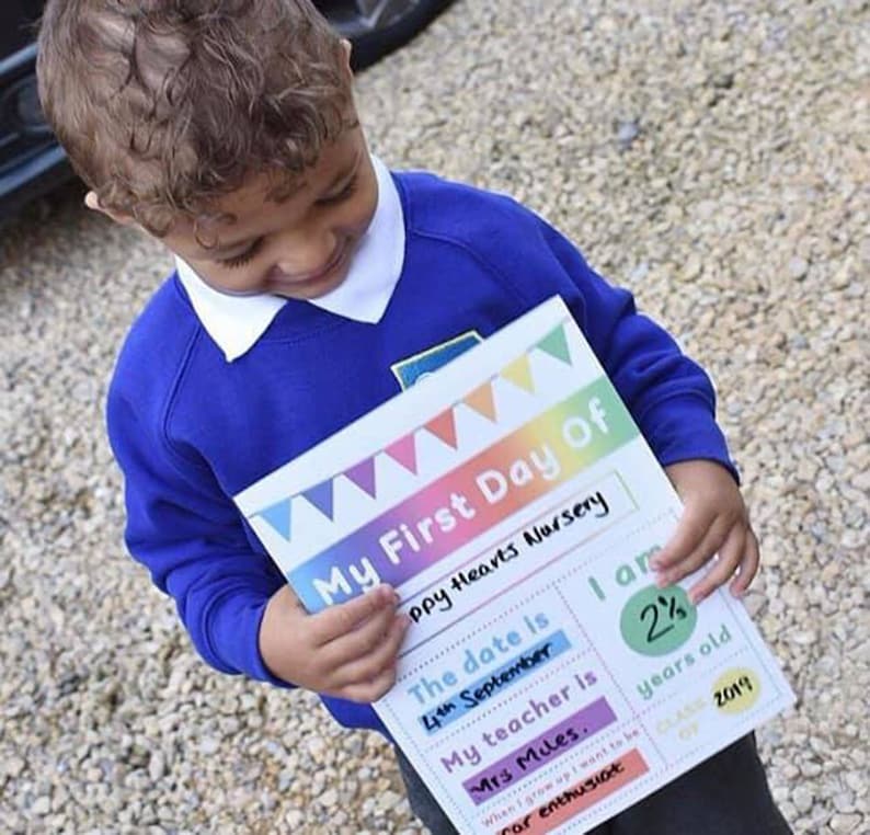 May include: A child in a blue sweater holds a sign that says "My First Day Of Happy Hearts Nursery". The sign also includes the date, teacher's name, and the child's age, which is 2 and a half years old.