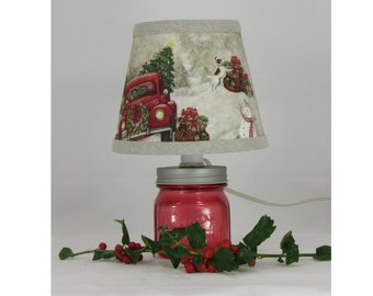 Small Red Half Pint Jar with Christmas Truck Lamp Shade