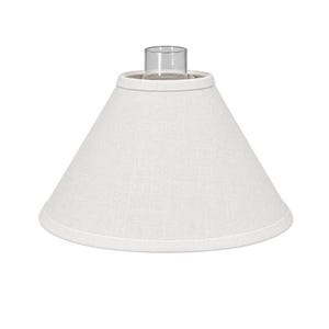May include: A conical lamp shade featuring a textured white fabric exterior. The top of the shade includes a clear plastic fitter component designed for attachment to a lamp base, providing a clean and neutral aesthetic for lighting fixtures.