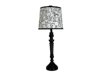 Black Spindle Table Lamp with Bunny Print Lamp Shade