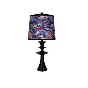 Black Netto Table Lamp with Snowy Christmas Village Print Lamp Shade