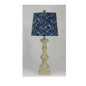 Buttermilk Spindle Table Lamp with Floral Pattern on Blue  Shade