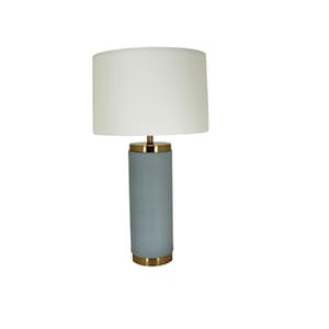 May include: A grey cylindrical table lamp with a gold base and a white fabric lampshade.
