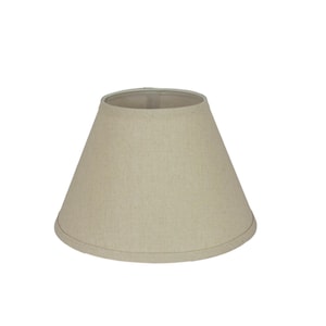 May include: A beige lampshade with a conical shape. The lampshade is constructed from a textured fabric and features a rounded base. The inside of the lampshade is a lighter beige.