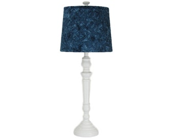 White Spindle Table Lamp with Blue Hand Dyed Shade