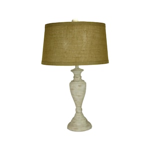 May include: A white table lamp with a distressed finish and a burlap lampshade. The lamp has a classic, elegant design.