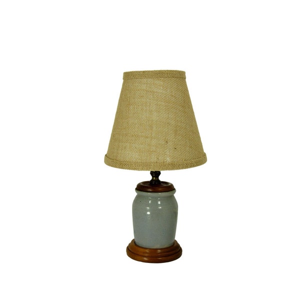 Blue Stoneware Crock Accent Lamp with Burlap Lamp Shade