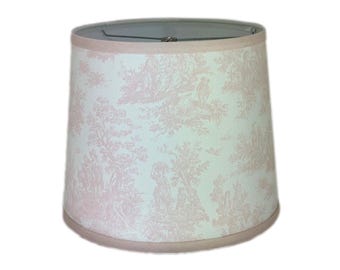 Light Baby Pink Toile Drum Lamp Shade with Pink Trim