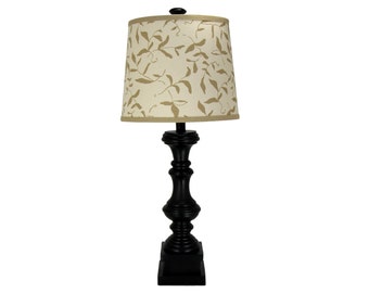 Black Destressed Spindle Table Lamp with Floral Print Lamp Shade