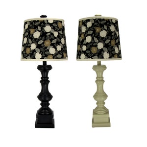 Destressed Spindle Table Lamp with Floral Print Lamp Shade