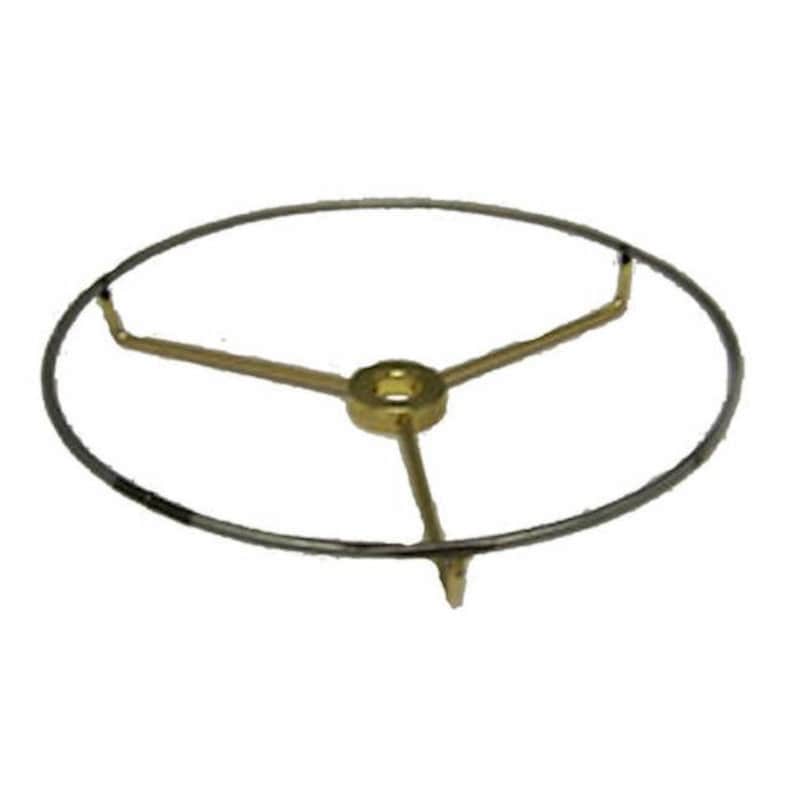 May include: A gold metal lampshade harp with three arms and a round base.