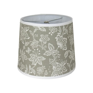 Neutral Floral Drum Lamp Shade – Gray and White Botanical Print with Spider Washer Fitting for Table or Floor Lamps