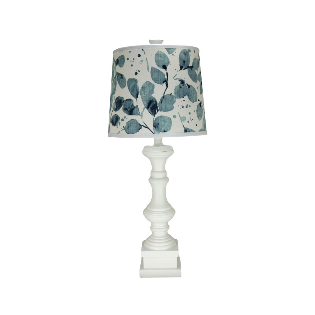 White Spindle Table Lamp With Blue Floral Print Lamp Shade Etsy