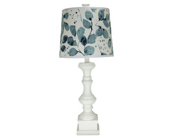White Spindle Table Lamp with Blue Floral Print Lamp Shade