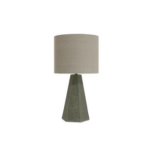 May include: A green ceramic table lamp with a beige fabric lampshade. The lamp base is shaped like a pyramid with a hexagonal base.