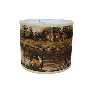 Rustic Cabin Lampshade – Deer & Lake Scene Drum Shade for Lodge, Cabin, or Nature-Themed Decor