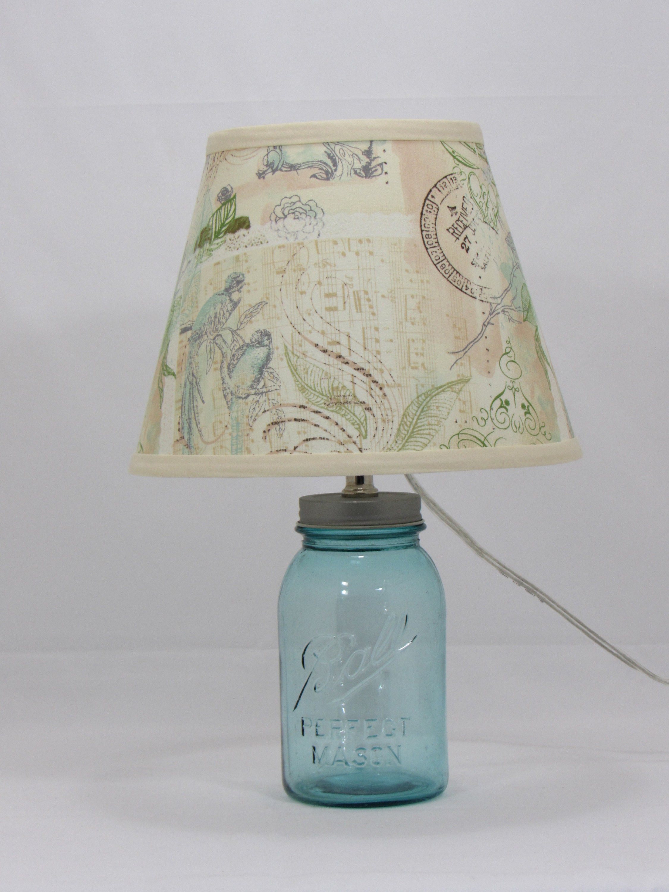 Aqua Quart Mason Jar Lamp with Green Postcard Shade | Etsy
