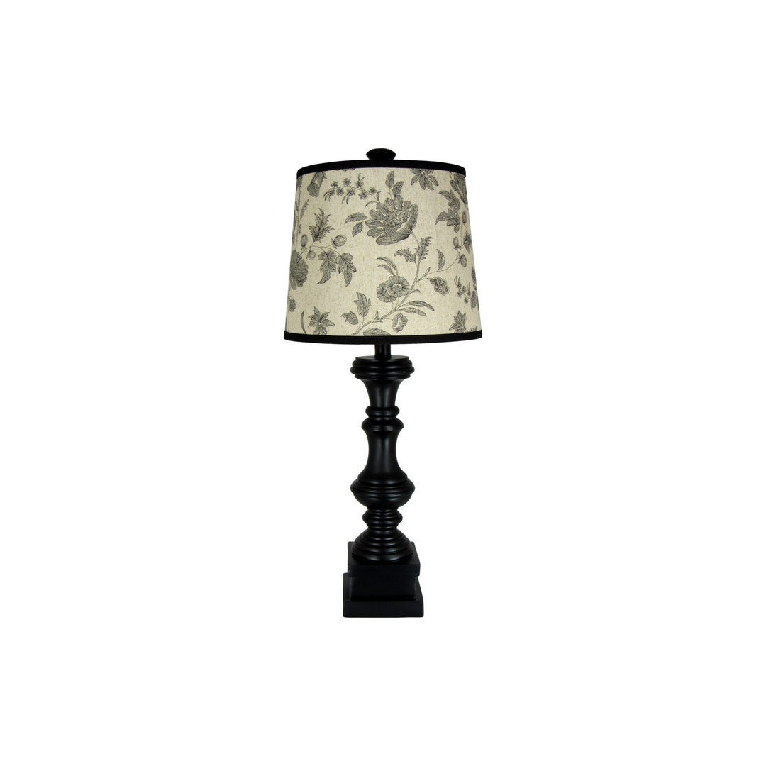 Black Destressed Spindle Table Lamp With Black Floral Print Lamp Shade