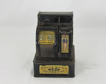 Vintage Uncle Sam's Cash Register 3 Coin Counting Bank Steel and