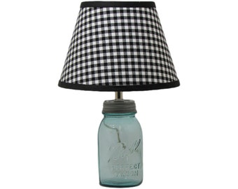 Aqua Quart Mason Jar Lamp with Black and White Buffalo Check Shade