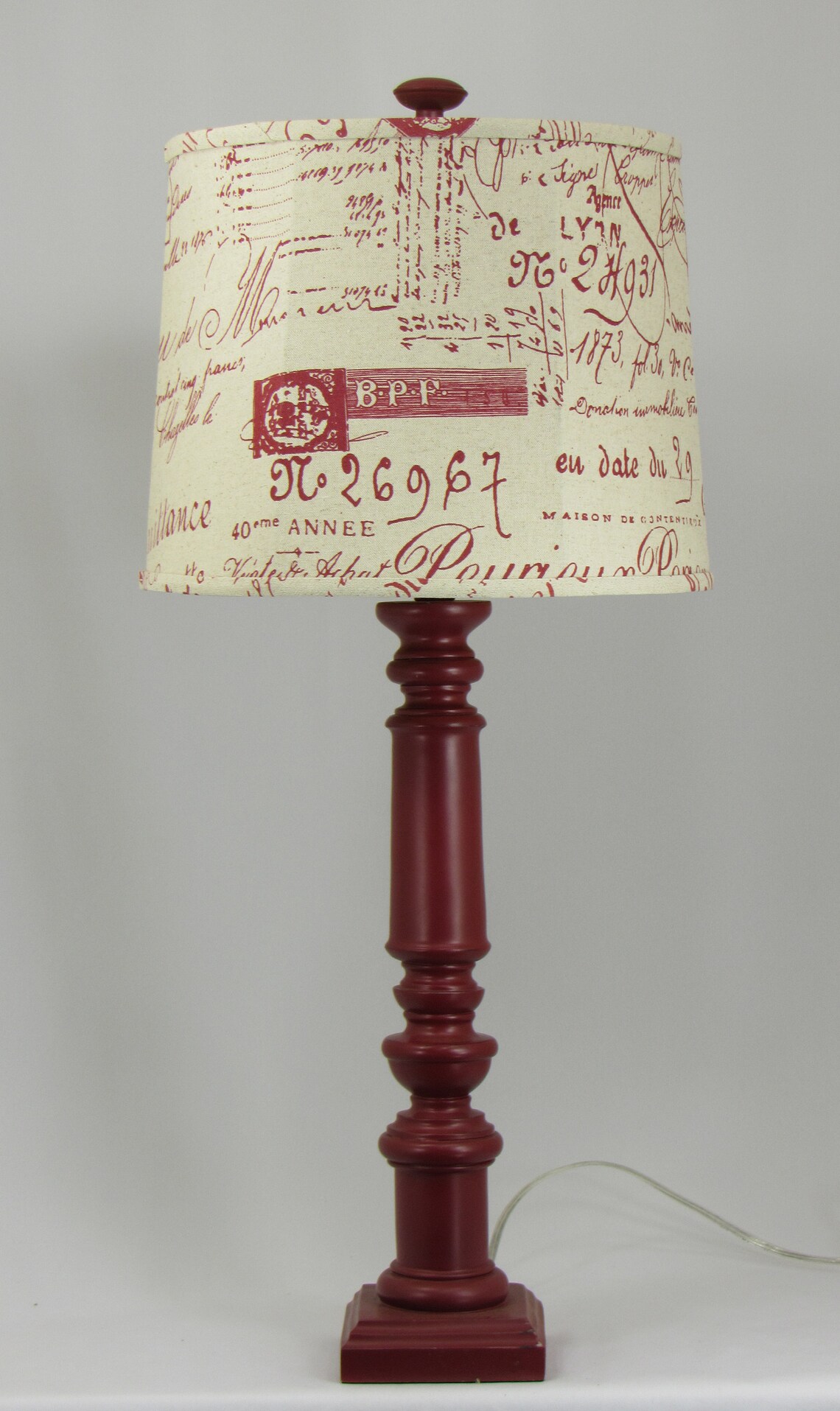 Red Spindle Table Lamp With Red Script Shade Etsy
