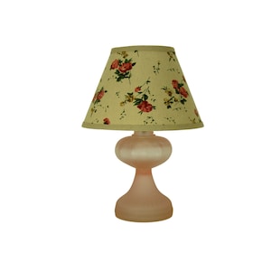 Pink Frosted Glass Lamp with Vintage Floral Print Lamp Shade