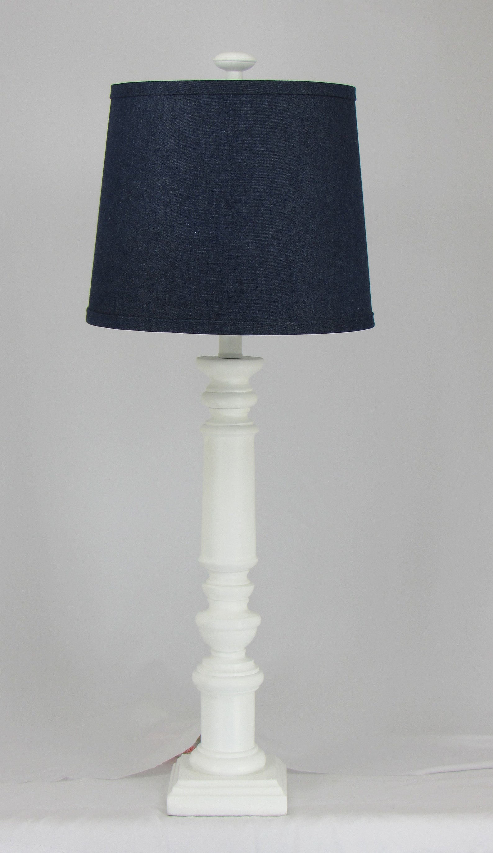 White Spindle Table Lamp With Blue Denim Shade Etsy