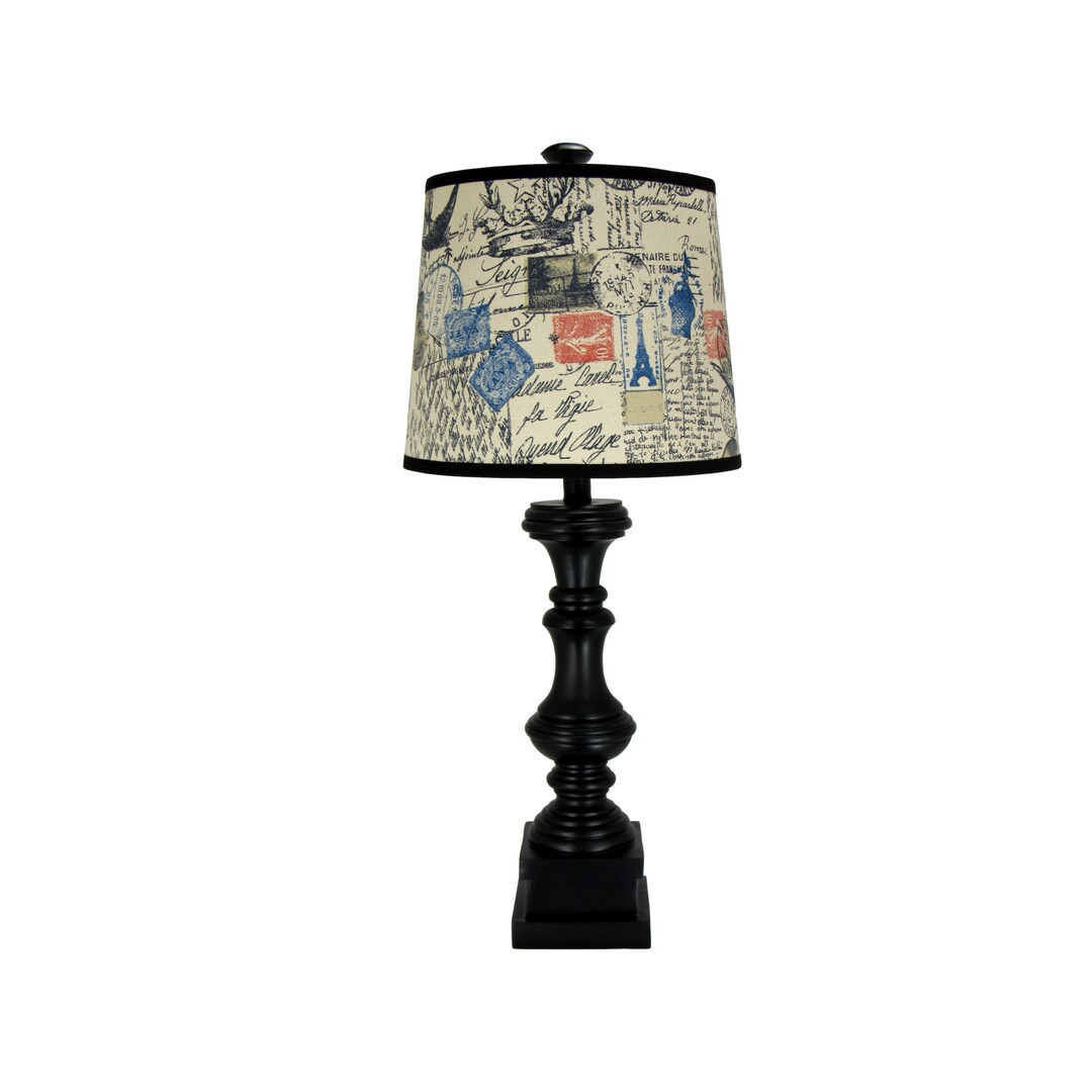 Black Spindle Table Lamp With Post Card Print Lamp Shade Etsy
