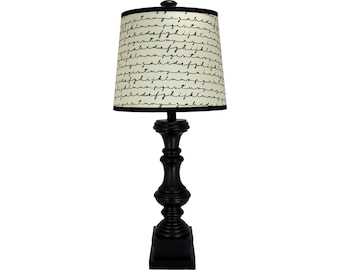 Black Spindle Table Lamp with Alphabet Script Print Lamp Shade