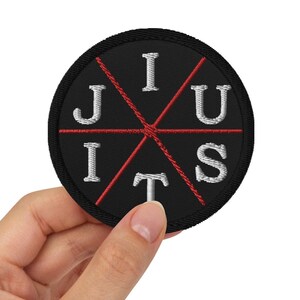 Puede incluir: Un parche redondo negro con letras blancas que deletrean "JIU JITS" en un círculo con una X roja en el centro.