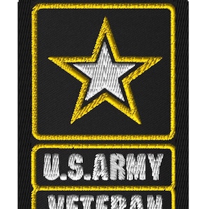 May include: A black embroidered patch with a yellow border. The patch features a white star with a yellow outline inside a yellow square. The text "U.S. ARMY VETERAN" is written in white letters on two separate lines below the star.