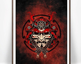 Samurai Mask Poster: Vivid Martial Arts Dojo Decor